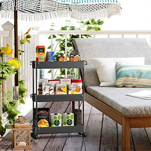 Carro de Almacenamiento SPACEKEEPER, 3 Niveles, Móvil y Compacto para Espacios Reducidos, Negro - imagen 4