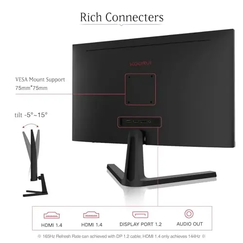 Monitor Gaming KOORUI 24" FHD 1080P, 165Hz, 1ms, AdaptiveSync, Conexión HDMI/DP y Ajuste de Inclinación - imagen 4