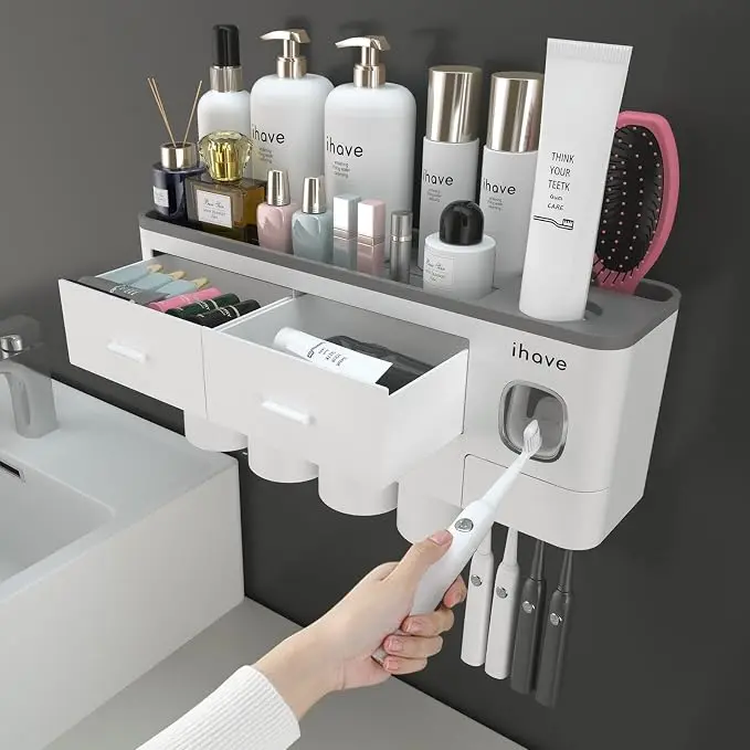 iHave Toothbrush Holders Wall Mounted with Toothpaste Dispenser & 4 Cups