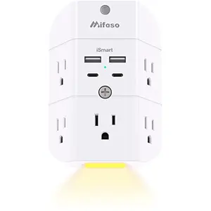 Extensor de Enchufe con Luz Nocturna - 5 Salidas y 4 Puertos USB (2 USB C) para Hogar y Oficina