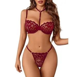Avidlove Conjunto Lencería Sexy 3 Piezas con Bralette, Tanga y Suspensorio Rojo Vino
