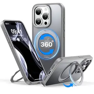 Funda QTlier para iPhone 15 Pro con soporte giratorio 360° y protección contra caídas (Gris)