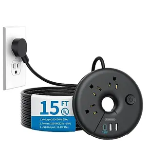 Extensión de 15 ft NTONPOWER: Toma múltiple con 3 salidas y 3 puertos USB, incluido USB-C