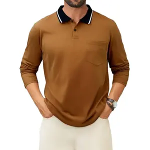 Polos de algodón de manga larga para hombre, polos de moda, camisetas clásicas básicas de trabajo con cuello y bolsillo