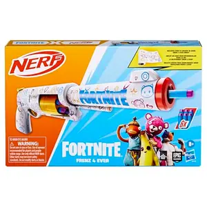 Nerf Fortnite Frenz 4 Ever Blaster, código de bonificación para desbloquear Frenz 4 Ever Wrap en el juego, 6 dardos de élite, tambor de 6 dardos.
